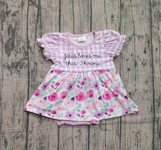 MOQ 5 Preorder SR3343 Embroidered Easter jesus loves me this i know Flower Purple Plaid Puff Short Sleeve Girls Bubble Romper 202510 Sibling