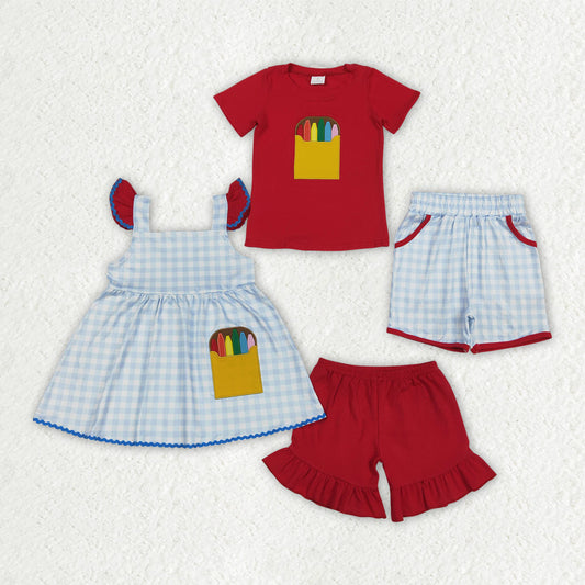 Sibling Matching Clothes Embroidered Back to School Red Short Sleeve Boys Girls Sets 202603 RTS