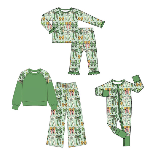 Preorder MOQ 5 pcs Each Style Saint Patrick Leaves Bows Green Kids Matching Clothes