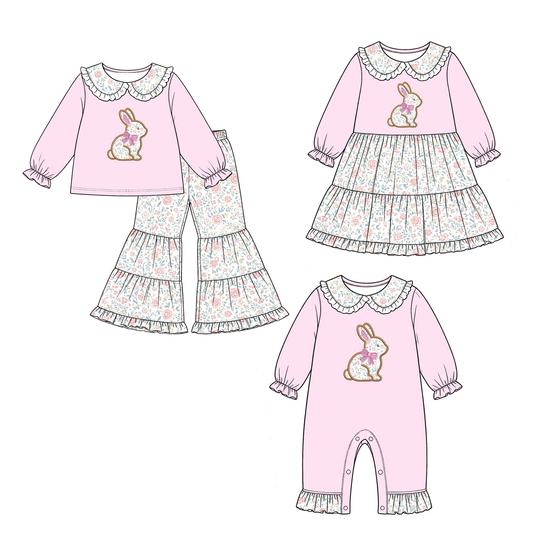 Preorder MOQ 5 pcs Each Style Easter Bunny Floral Bow Doll Collar Pink Kids Matching Clothes