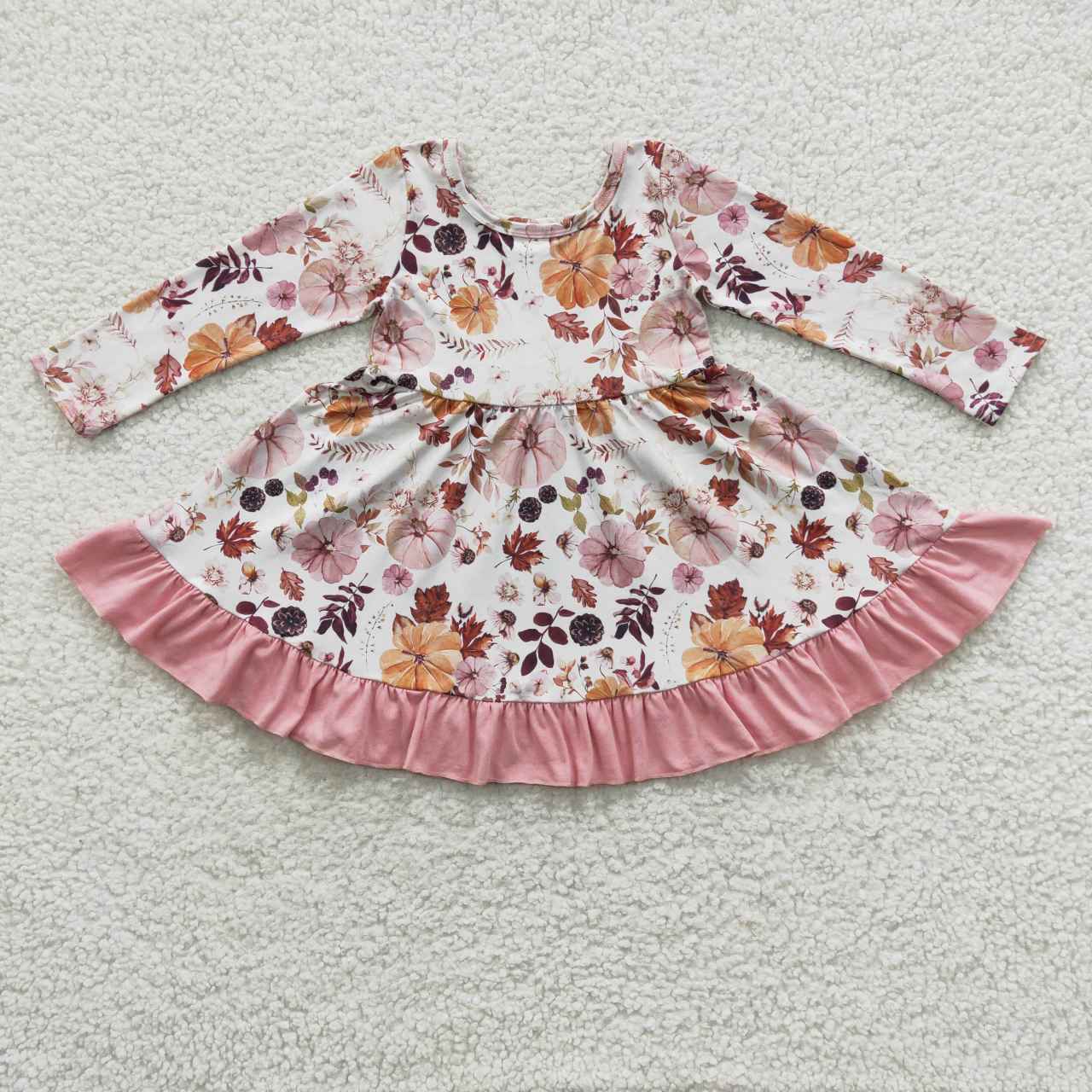 GLD0212 Halloween Pink Pumpkin Girls Long Sleeve Dresses