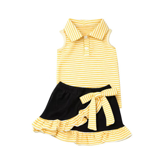 CUSTOM Pre-Order MOQ 5 PCS Yellow Stripe Polo Sleeveless Top Ruffle Bow Skirts for Girls Sets 202604 Sibling