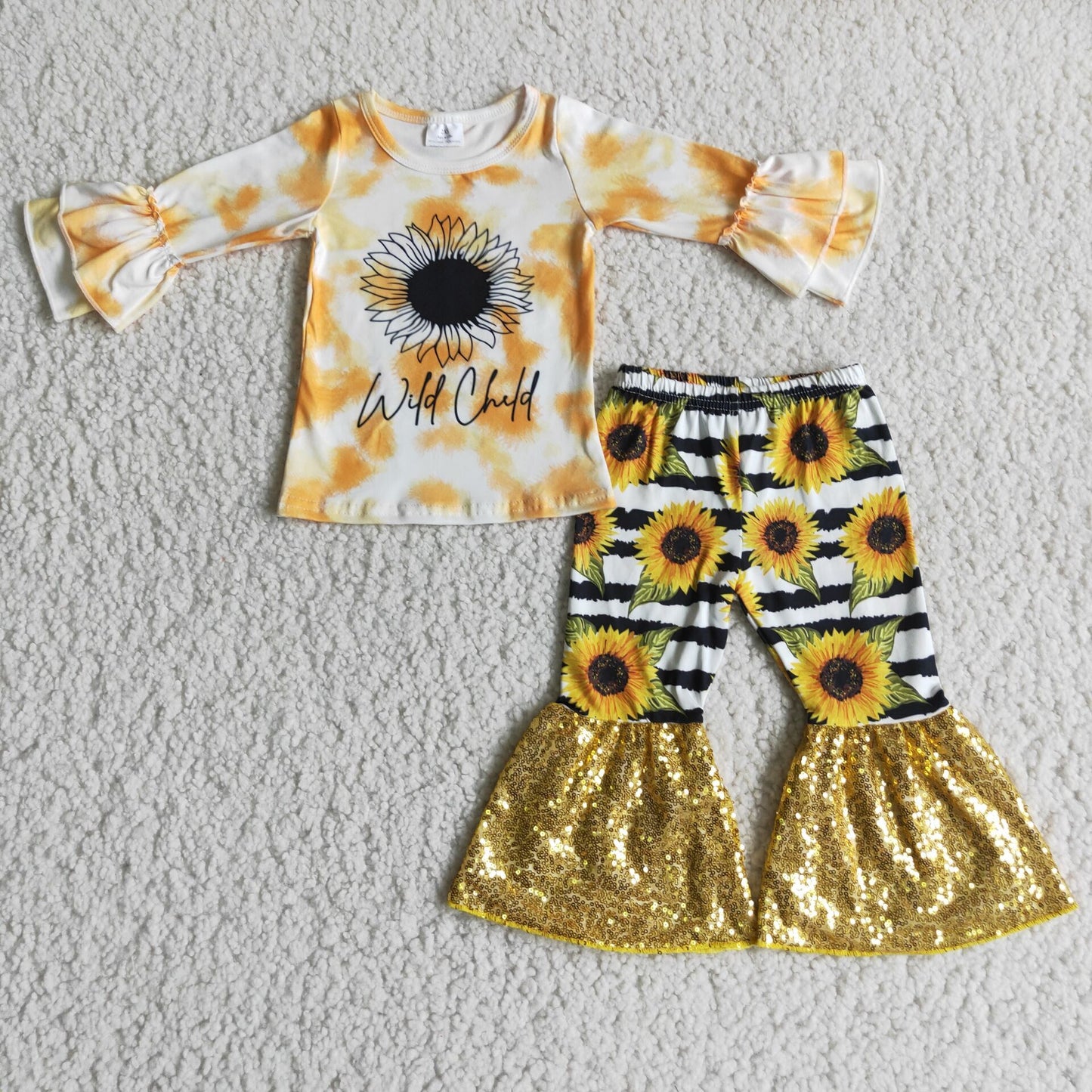 Clearance 6 A10-13 Sunflower long sleeve top yellow sequin flare trouser suit