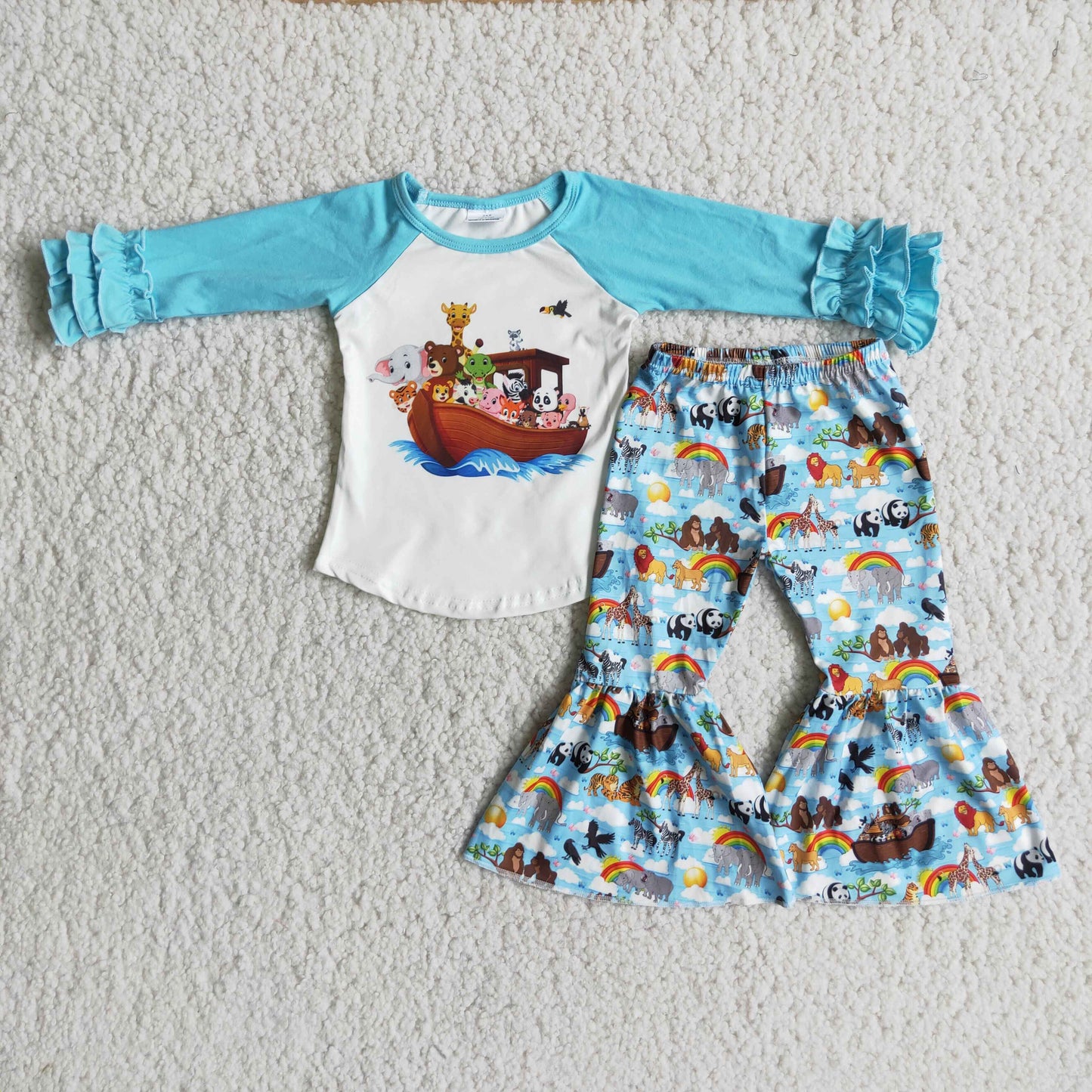 Clearance 6 A10-30 Noah's Ark animal long sleeve lace top bell bottoms