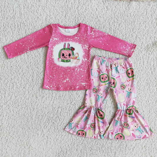 Promotion RTS 6 A15-19 Easter Cocomelon Bunny Pink Long-Sleeved Bell Bottom Pants Girls Outfits