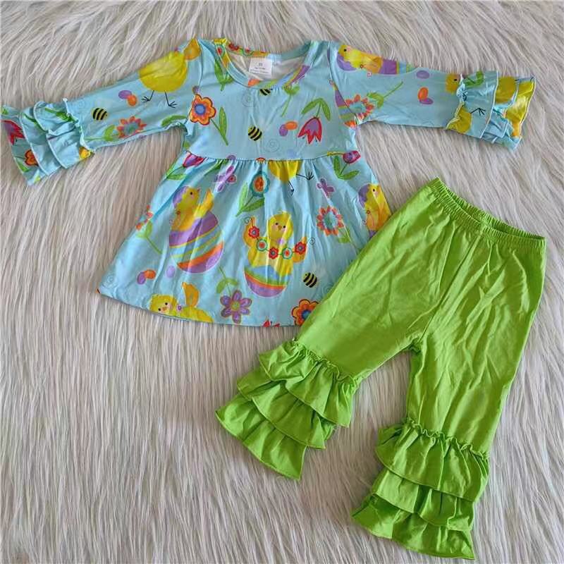 promotion RTS 6 A16-11 Light Blue Ruffle Green Long Sleeve Pajamas cartoon pattern
