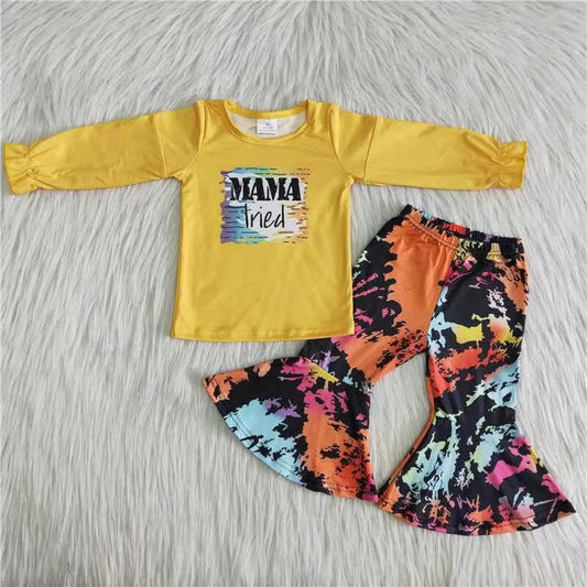 promotion RTS 6 A22-15 MAMA Yellow Long Sleeve tie-dye Flared Pants Fall Kids Girls Outfits
