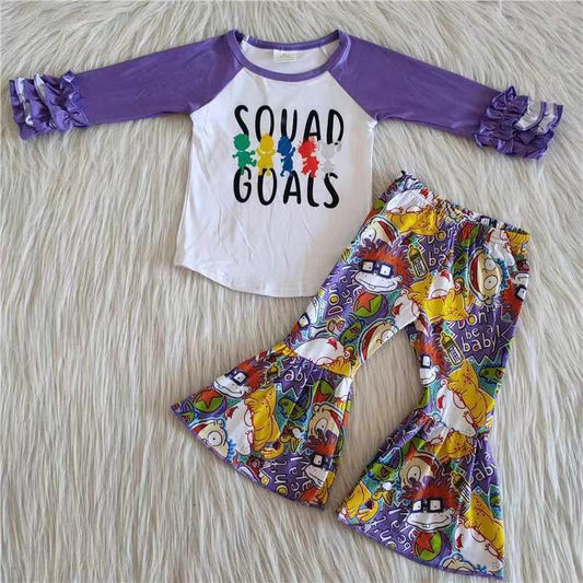promotion Clearance 6 A25-5 Purple Cotton Girls Long Sleeve Bell Bottom Pants Outfits Mardi Gras