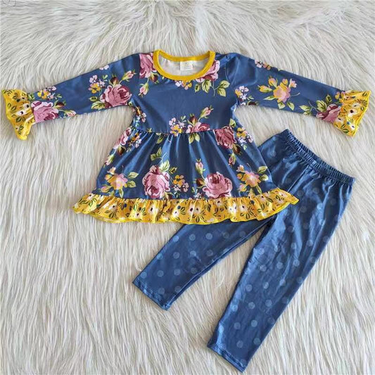 promotion Clearance 6 A26-15 Girls Yellow Ruffles Navy Blue Top Pants Set