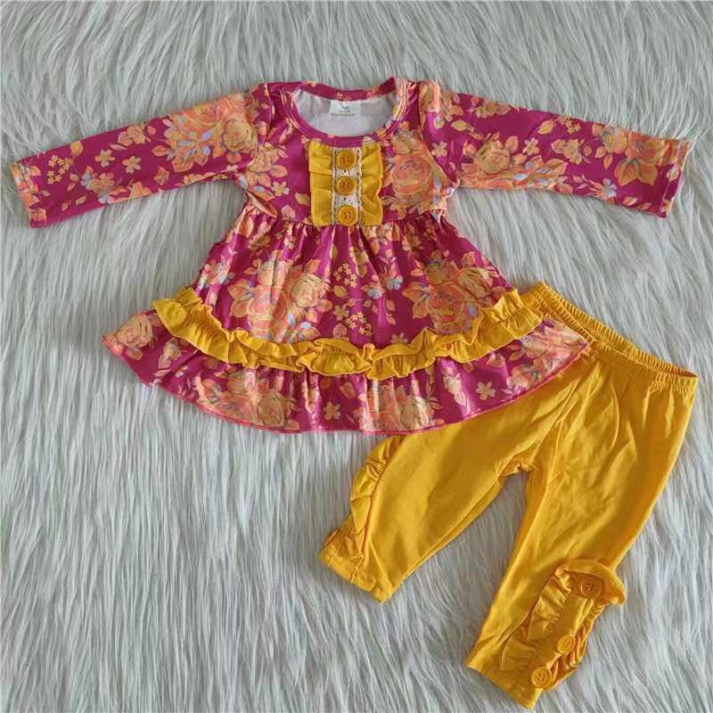 promotion Clearance 6 A27-13 Girls Yellow Rose Red Flower Ruffles Top Pants Set