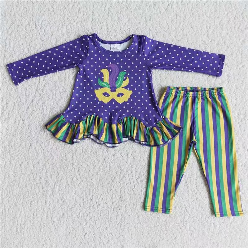 6 A27-20 Mardi Gras outfit Purple Dot Mask long sleeve top pants set Girls Boutique outfits 202501