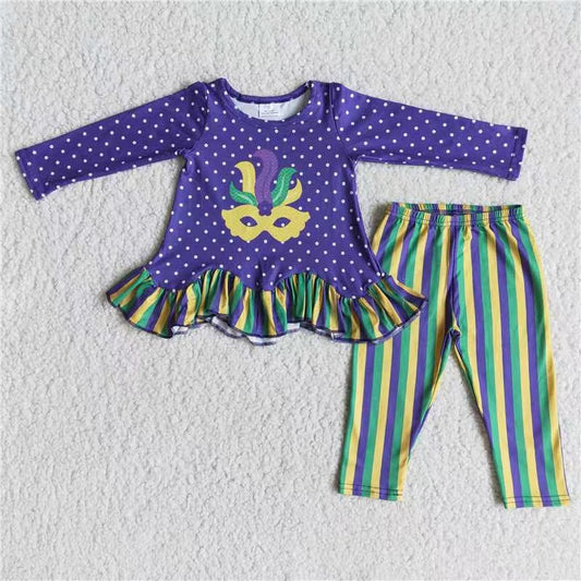 6 A27-20  Mardi Gras outfit Purple Dot Mask long sleeve top pants set Girls Boutique outfits 202501