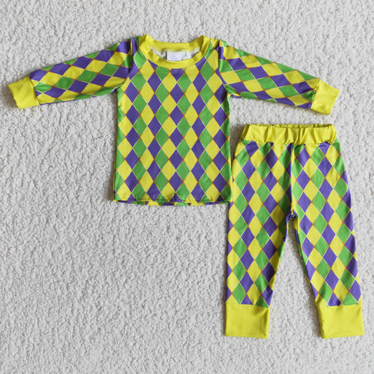 6 A27-30  Mardi Gras outfit Yellow Purple long sleeve top pants pajamas Boys Boutique outfits 202501