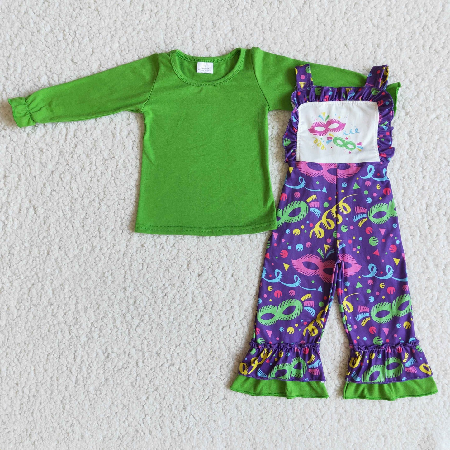 6 A28-19 Mardi Gras outfit Green long sleeve top Purple Ruffle Overall Jumpsuits pants Girls Boutique outfits 202501
