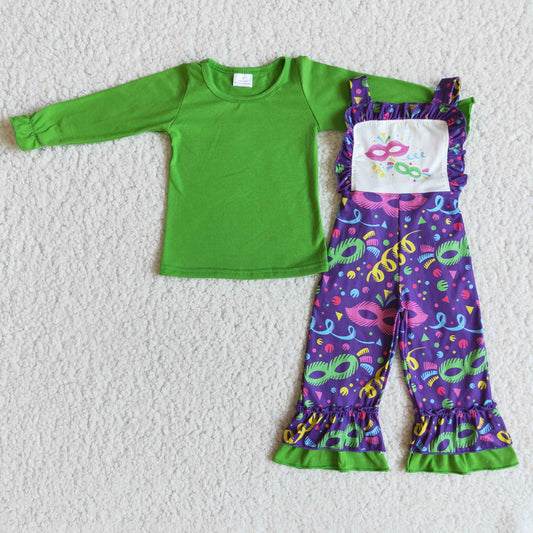 6 A28-19   Mardi Gras outfit Green long sleeve top Purple Ruffle Overall Jumpsuits pants Girls Boutique outfits 202501