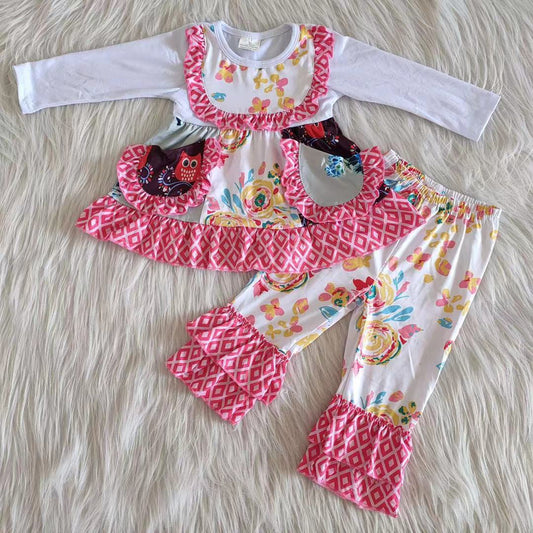 promotion Clearance 6 A33-16 Girls White Pink Flower Top double lace bell bottom Pants Set with pockets