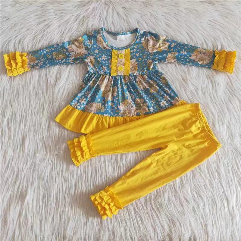 promotion Clearance 6 A33-17 Girls Yellow Navy Blue Flower Ruffle Top double lace Pants Set