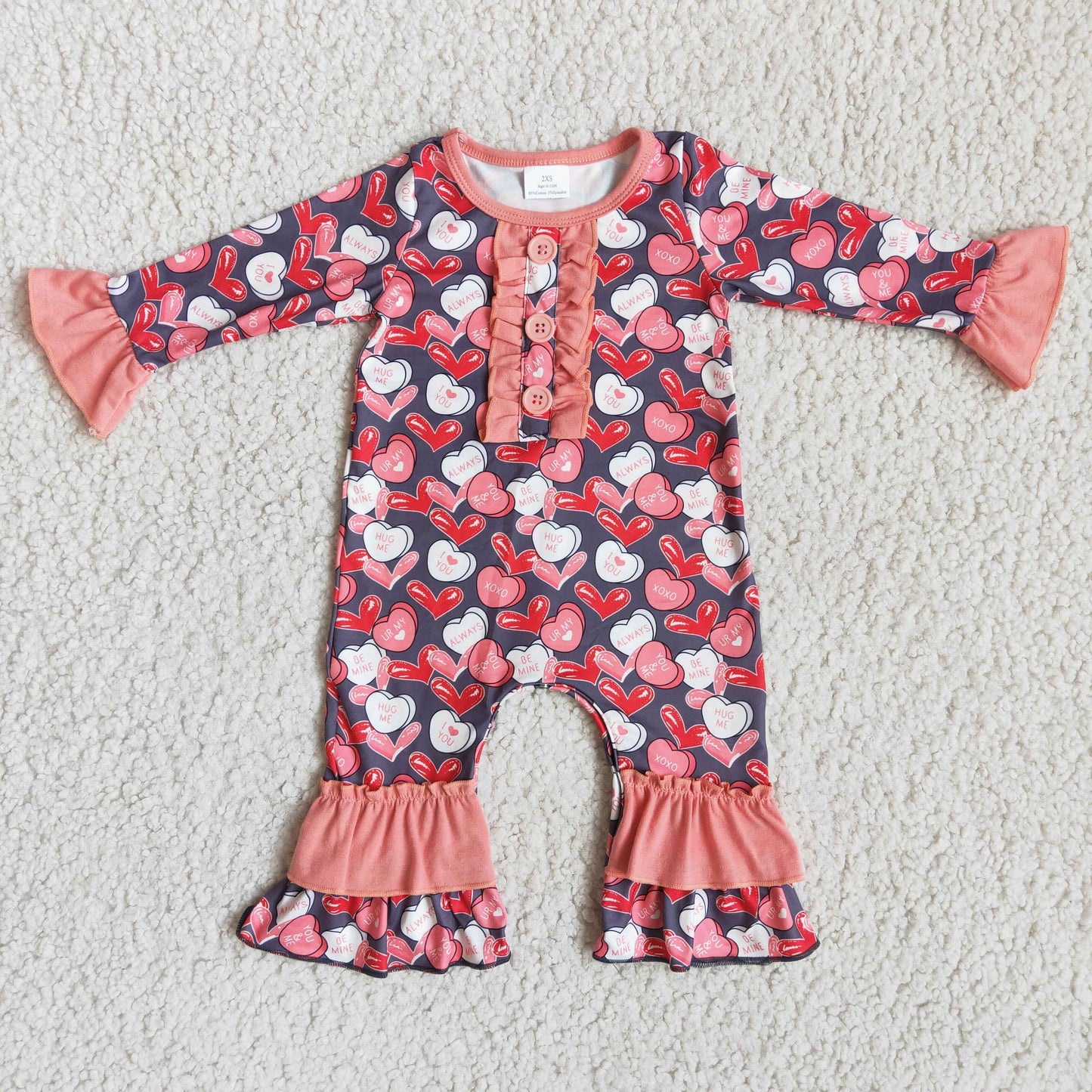 6 A7-10 Valentines girl boutique outfit Red Ruffle long sleeve Romper Love RTS 202412