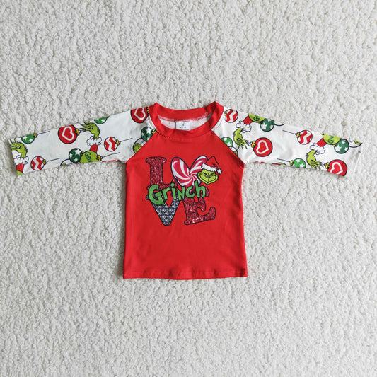 Promotion RTS 6 A9-12 Christmas Green Red Love Cartoon Girls Long Sleeve Top Boys T-shirts