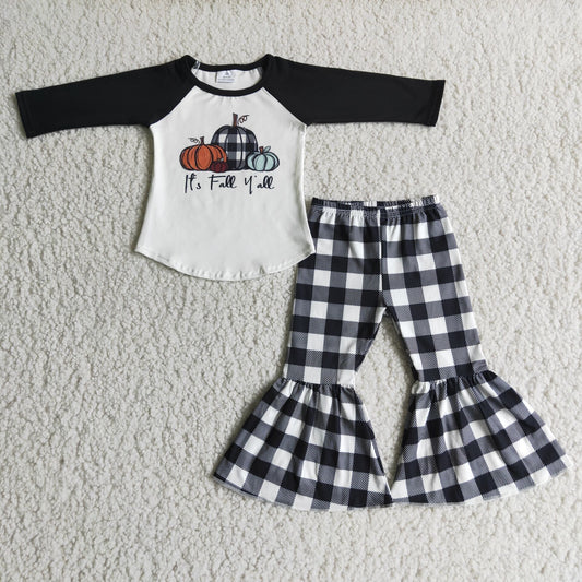 promotion RTS 6 A9-29 Pumpkin White Black Long Sleeve Plaid Pants Fall Kids Girls Outfits
