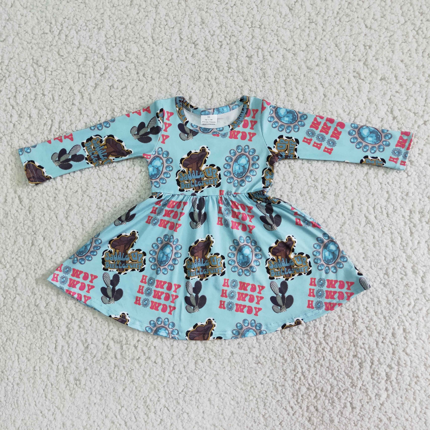 Promotion RTS 6 B13-9 Howdy Cowgirl Blue Long Sleeve Dresses for Girls