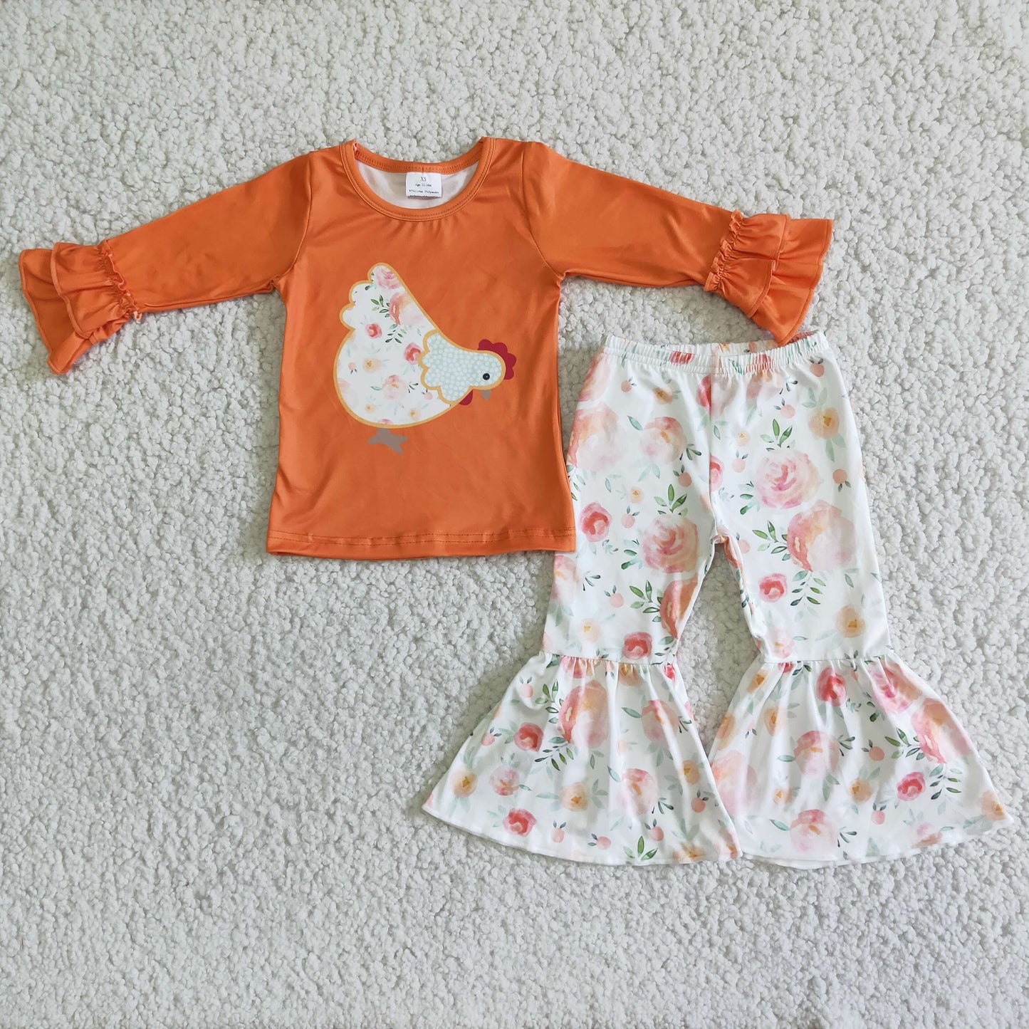 Promotion RTS 6 B2-24 Chick Flower Orange Ruffle Girls Long Sleeve Bell Bottom Pants Outfits