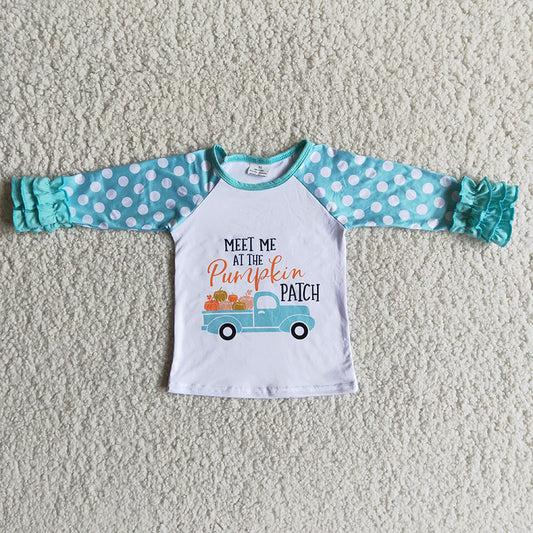 Promotion RTS 6 B2-36 Pumpkin Patch Dots Ruffles Blue Girls Long Sleeve Top T-shirts