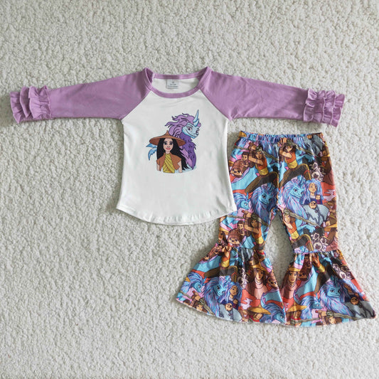 Clearance 6 B3-17 Purple Cartoon Print Girls Long Sleeve Bell Bottom Pants Outfits