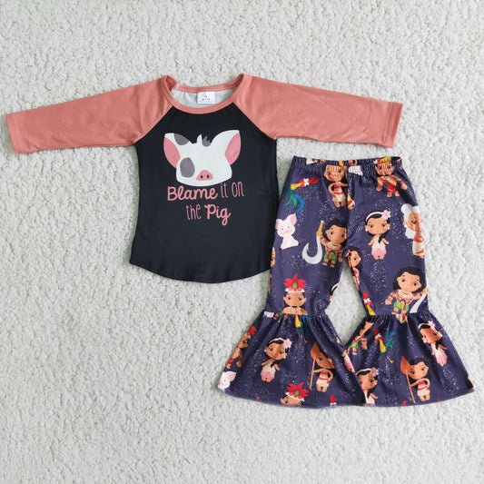 Clearance 6 B3-40 Orange Pink Cartoon Pig Print Girls Long Sleeve Bell Bottom Pants Outfits