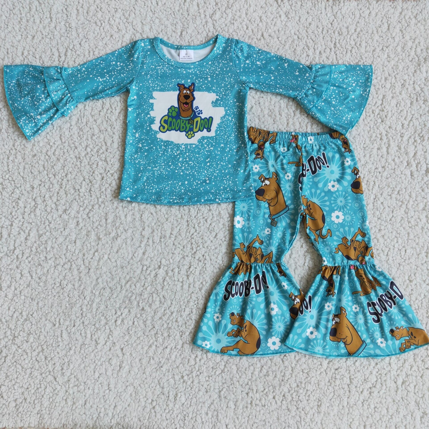 promotion RTS 6 B5-5 Blue Green Dot Ruffle Long Sleeve Outfit Scooby Cartoon pattern