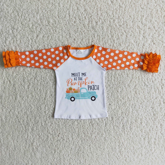 Promotion RTS 6 B6-31 Pumpkin Patch Dots Ruffles Orange Girls Long Sleeve Top T-shirts