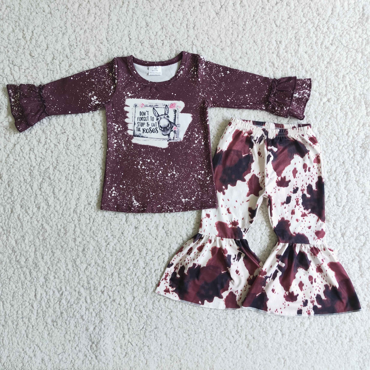promotion RTS 6 C10-17 Red Brown letter Don't forget to stop&eat Girls Long Sleeve Bell Bottom Pants Outfits