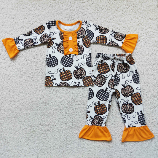 Promotion RTS 6 C10-38 Pumpkin Leopard Ruffles Girls Long Sleeve Pants Outfits Pajamas