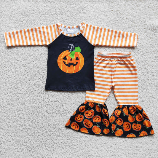 promotion RTS 6 C6-23 Halloween Pumpkin Orange Stripe Long Sleeve Bell Bottom Pants Fall Kids Girls Outfits