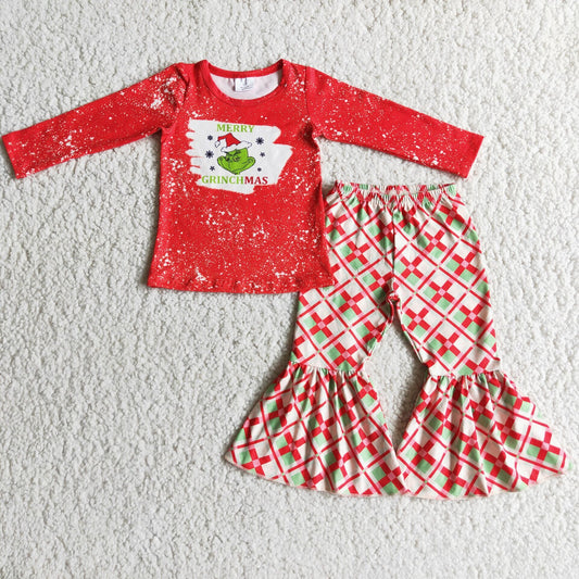 Promotion RTS 6 C7-3 Merry Christmas Grinch Girls Red Long Sleeve Bell Bottom Pants Outfits