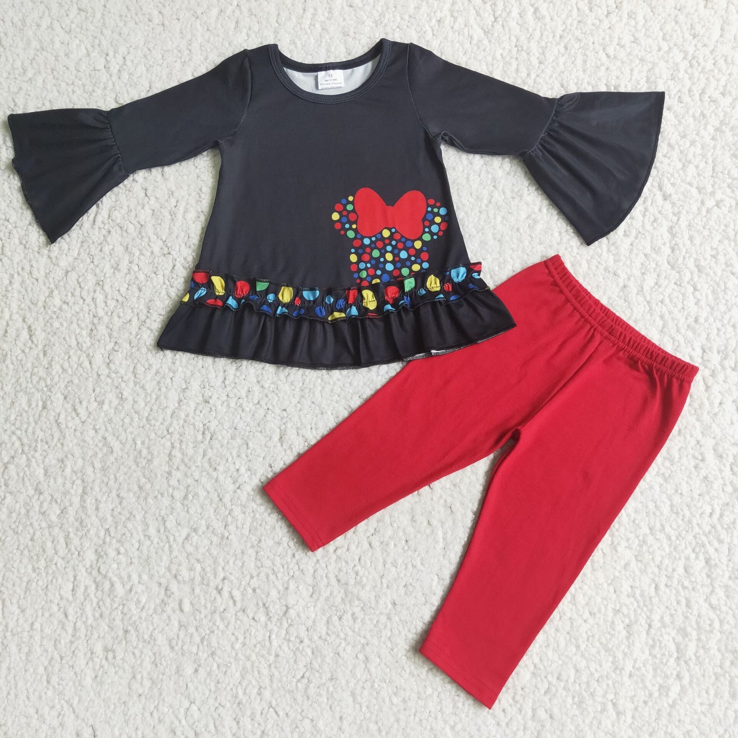 promotion RTS 6 C8-36 Cartoon Mouse Bow Girls Black Red Ruffle Long Sleeve top pants Outfits