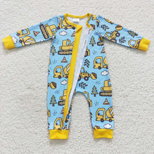 LR0492 Yellow Blue Truck Zipper Girls Long Sleeve Romper