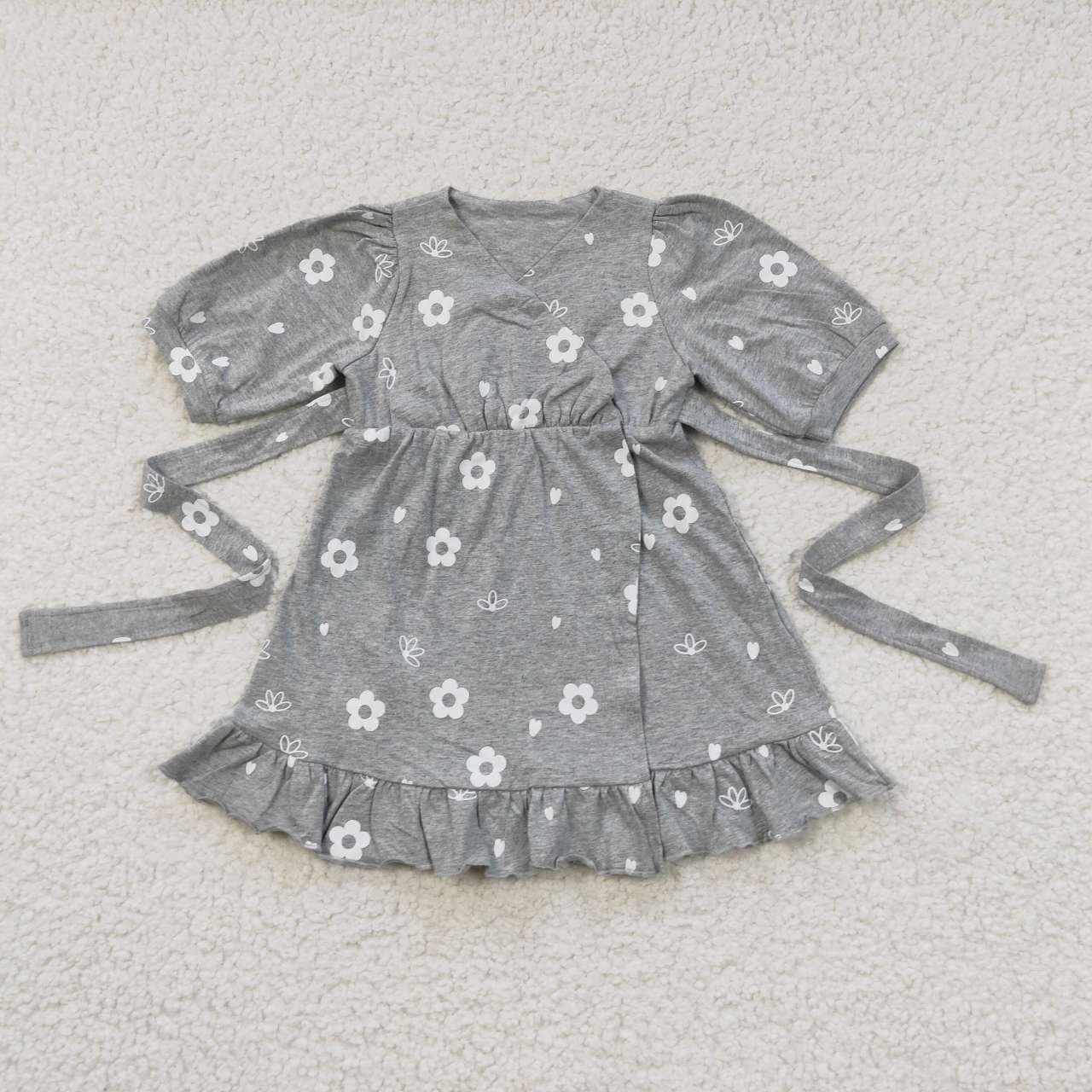 GSD0447 Grey Floral Belt Girls Flutter Sleeve Dresses
