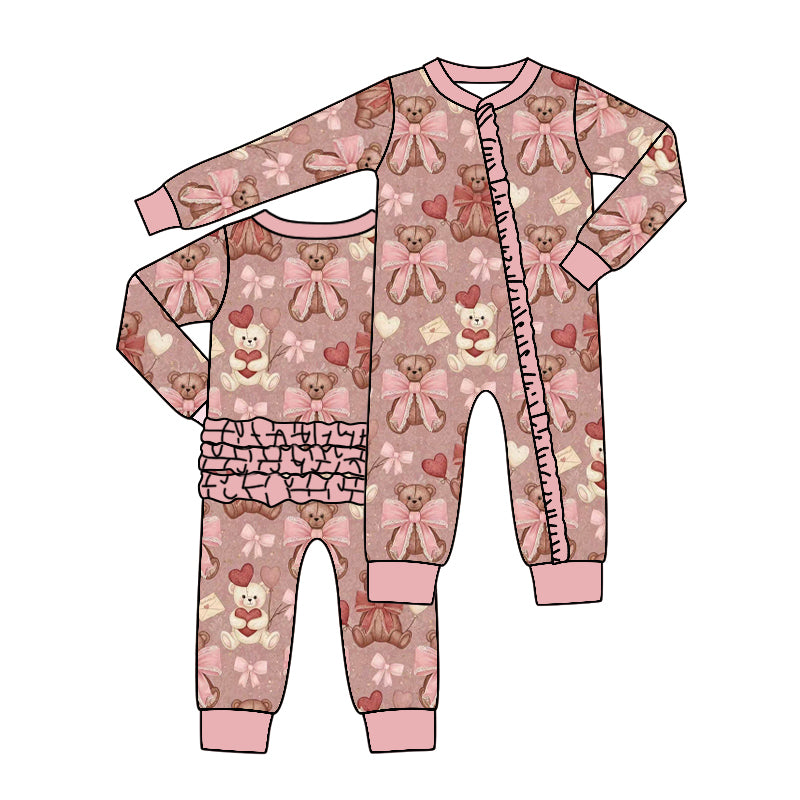 CUSTOM MOQ 5 PCS preorder Valentines Day Bows Bear Pink Ruffle Zipper Long Sleeve Girls Romper 202511