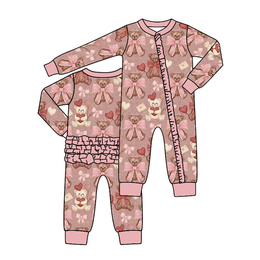 CUSTOM MOQ 5 PCS preorder Valentines Day Bows Bear Pink Ruffle Zipper Long Sleeve Girls Romper 202511