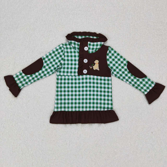 GT0284 Green Plaid Dog Duck Winter Girls Long Sleeve Top Collar T-Shirts