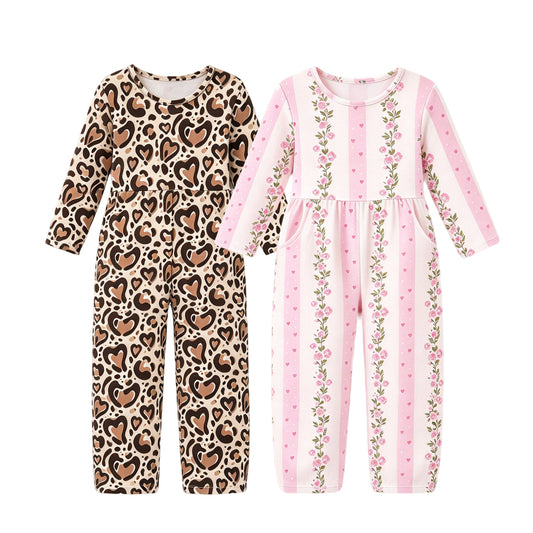Preorder MOQ 5 pcs Each Style Flower Leaf Leopard Love Girl's Jumpsuit Kids Matching Clothes