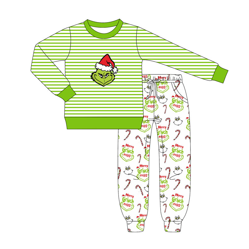 MOQ 8 preorder BLP1262 Christmas Grinch Green Stripe Long-Sleeved Pants Boys Set 202508
