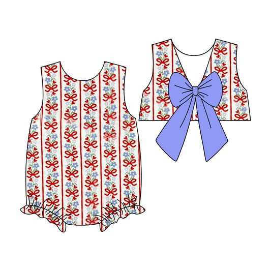 CUSTOM MOQ 5 PCS preorder Big Bow Flower Bows Red Stripe Sleeveless Girls Bubble Romper 202511