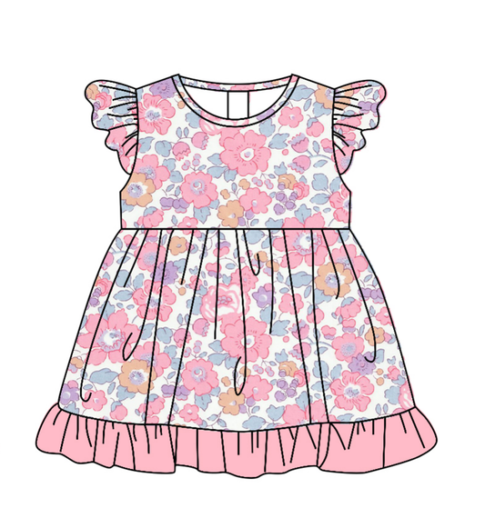 CUSTOM MOQ 5 PCS Flower Ruffle Pink Flying Sleeve Dresses for Girls 20251122