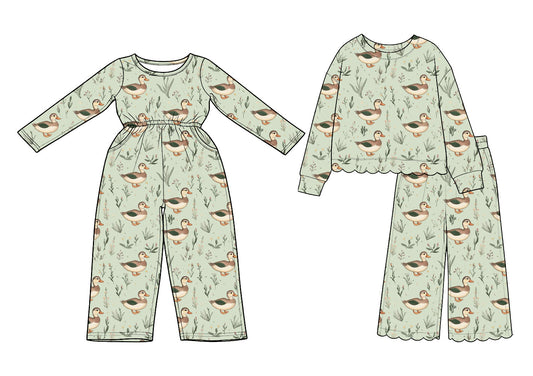Preorder MOQ 5 pcs Each Style Mallard Ducks Light Green Girl's Jumpsuit & Scallop Edge Set Kids Matching Clothes 202609