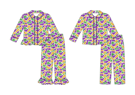 MOQ 8 Preorder GLP2871 Mardi Gras Purple Ruffle Camouflage Polo Button Long Sleeve Pants Girls Pajamas Set 202509 Sibling