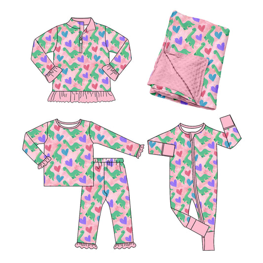 Preorder MOQ 5 pcs Each Style Valentine's Day Love Dinosaur Ruffles Pink Kids Matching Clothes