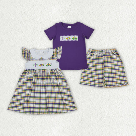 Sibling Matching Clothes Embroidered Mardi Gras Kids Clothes Plaid Sets 202601 RTS