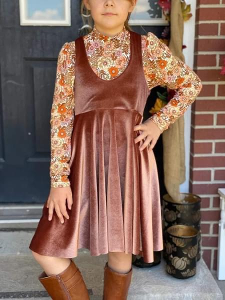 GLD0334 Brown Velvet Floral Overall Suspender Girls Long Sleeve Dresses